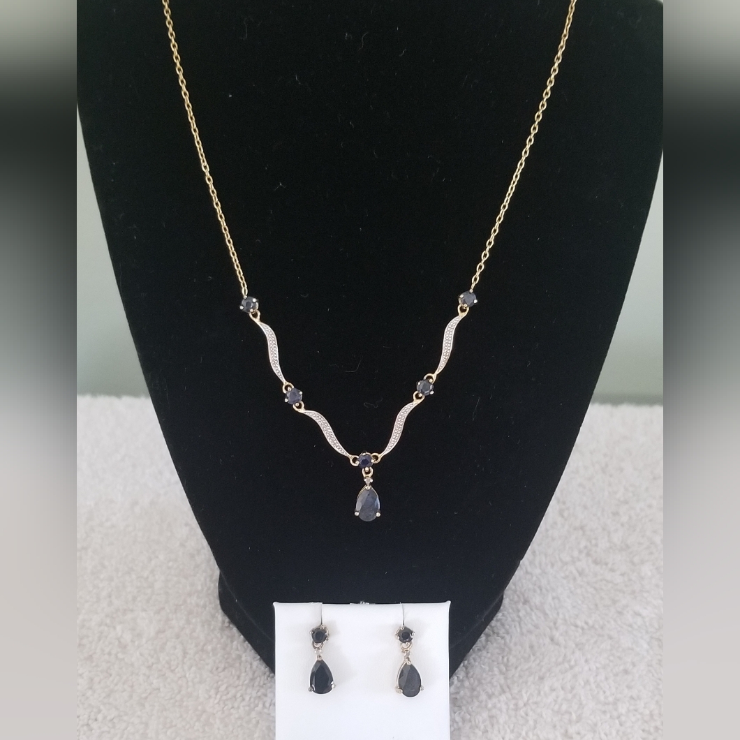 Vintage Genuine Sapphire Necklace And Earring Set With Petite Diamonds.